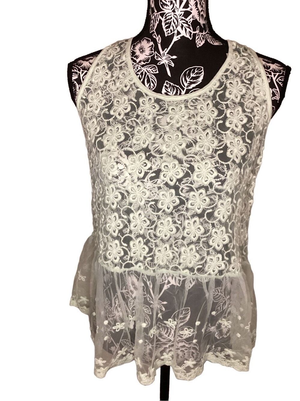 Pastel Green Ruby & Bloom Floral Lace Tank Top Ruffles Boho Bohemian Hippie
